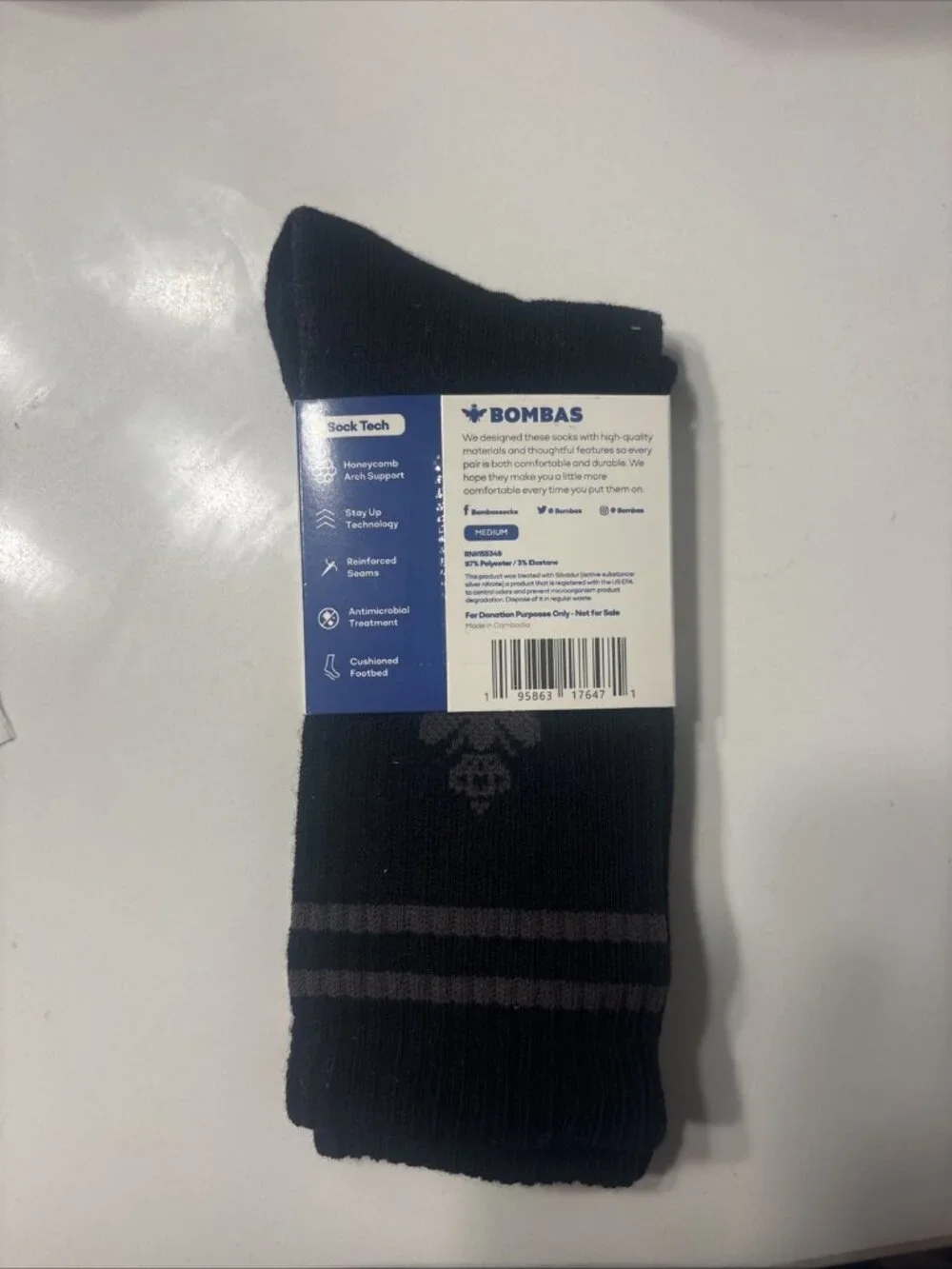 New Bombas Calf Socks Black Grey Stripe Crown Logo Honeycomb Arch Support Medium